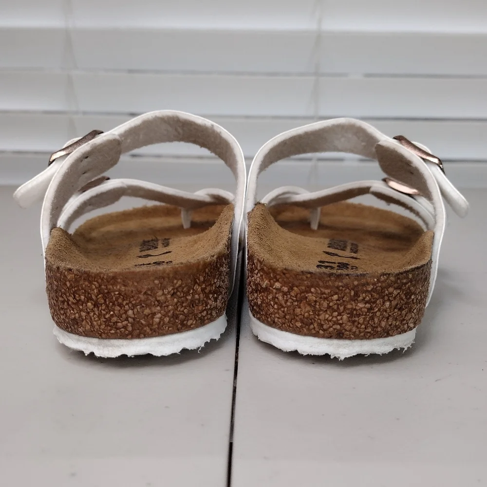 Birkenstock Kids White Two-Strap Cork Footbed Sandals with Rose Gold Buckles